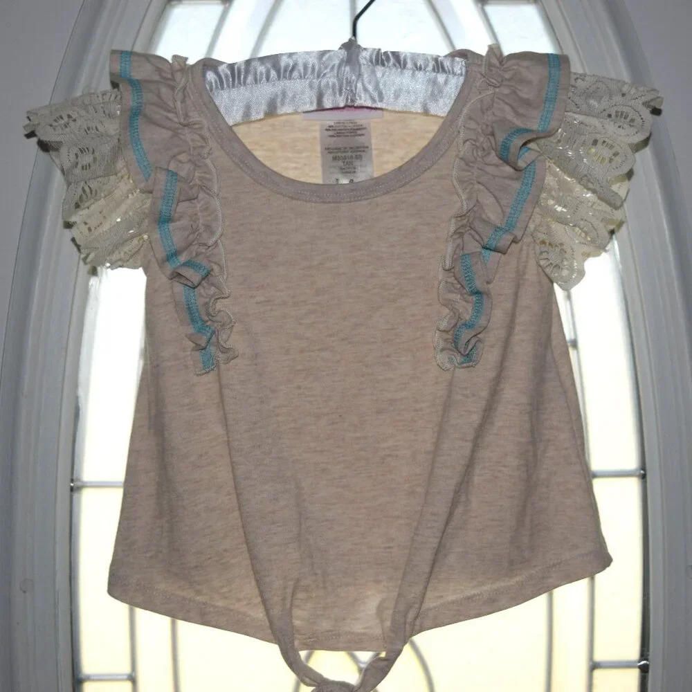 BONNIE JEAN Beige and Blue Girls Ruffle Lace Short Sleeve Blouse Size 6